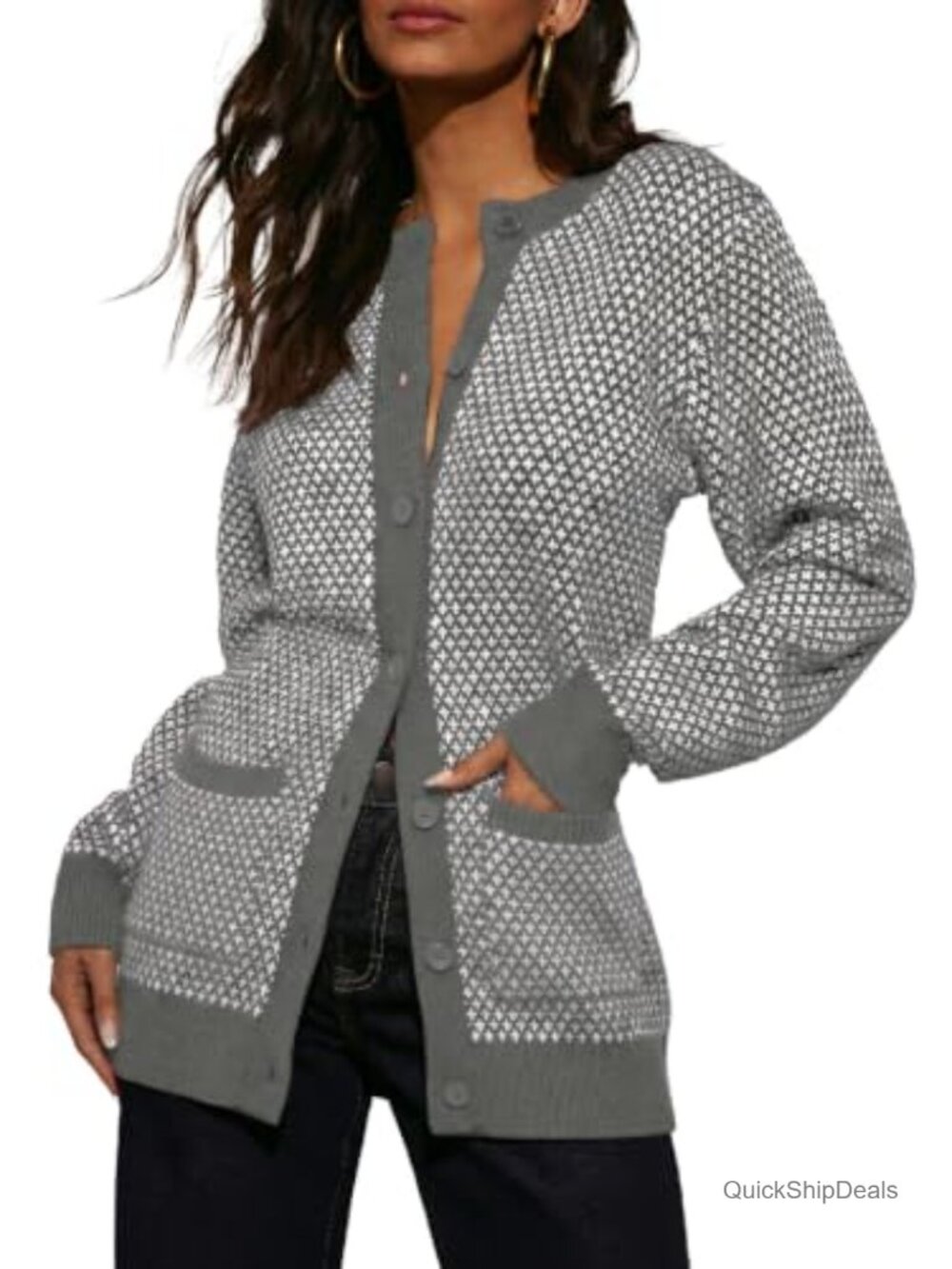 Chunky Knit Button Down Plaid Cardigan Sweater with Pockets